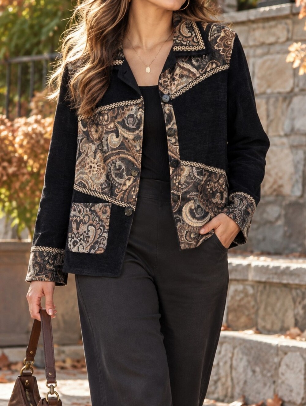 Parsley & Sage Black Brown Paisley Patchwork Blazer Jacket Artsy Boho